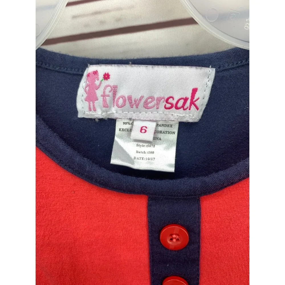 Flower Sak Navy Blue With Red Size 6 Long Sleeve Tunic Dress‎